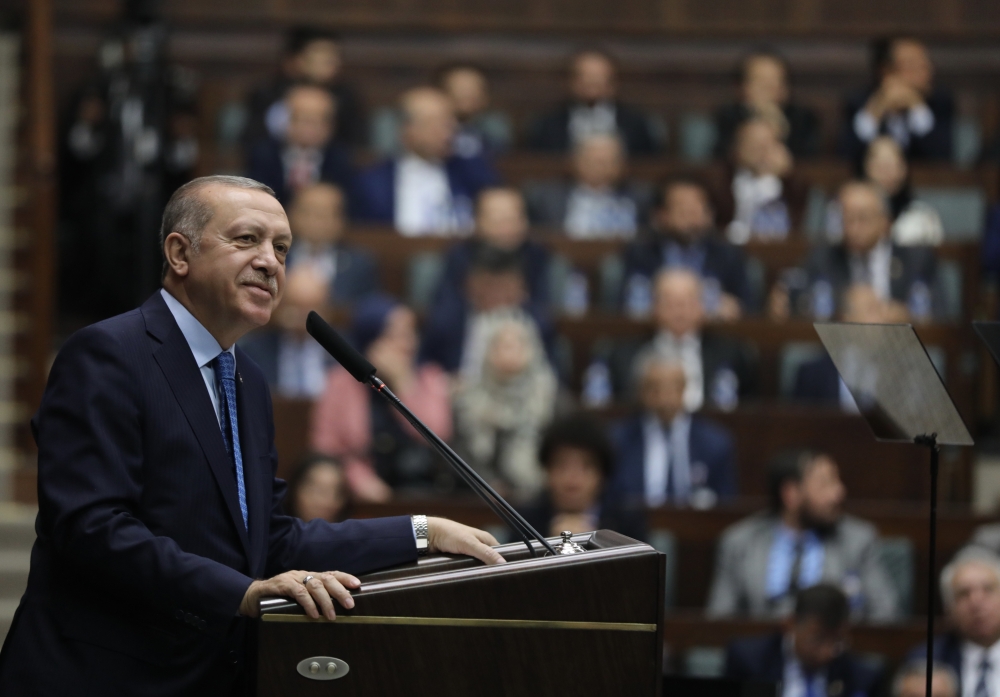 President of Turkey and the leader of the Justice and Development Party (AK Party) Recep Tayyip Erdogan gestures during AK Party's parliamentary group meeting at the Grand National Assembly of Turkey (TBMM) in Ankara, Turkey on April 17, 2018. Hakan Gökte