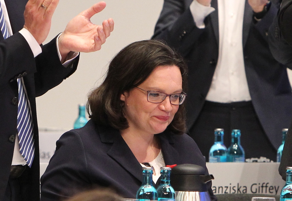 Parliamentary group leader of the Social Democratic Party (SPD) Andrea Nahles reacts after being elected as chairwoman of the German Social Democratic Party SPD during a party rally in Wiesbaden, Germany, on April 22, 2018.   AFP / Daniel ROLAND
