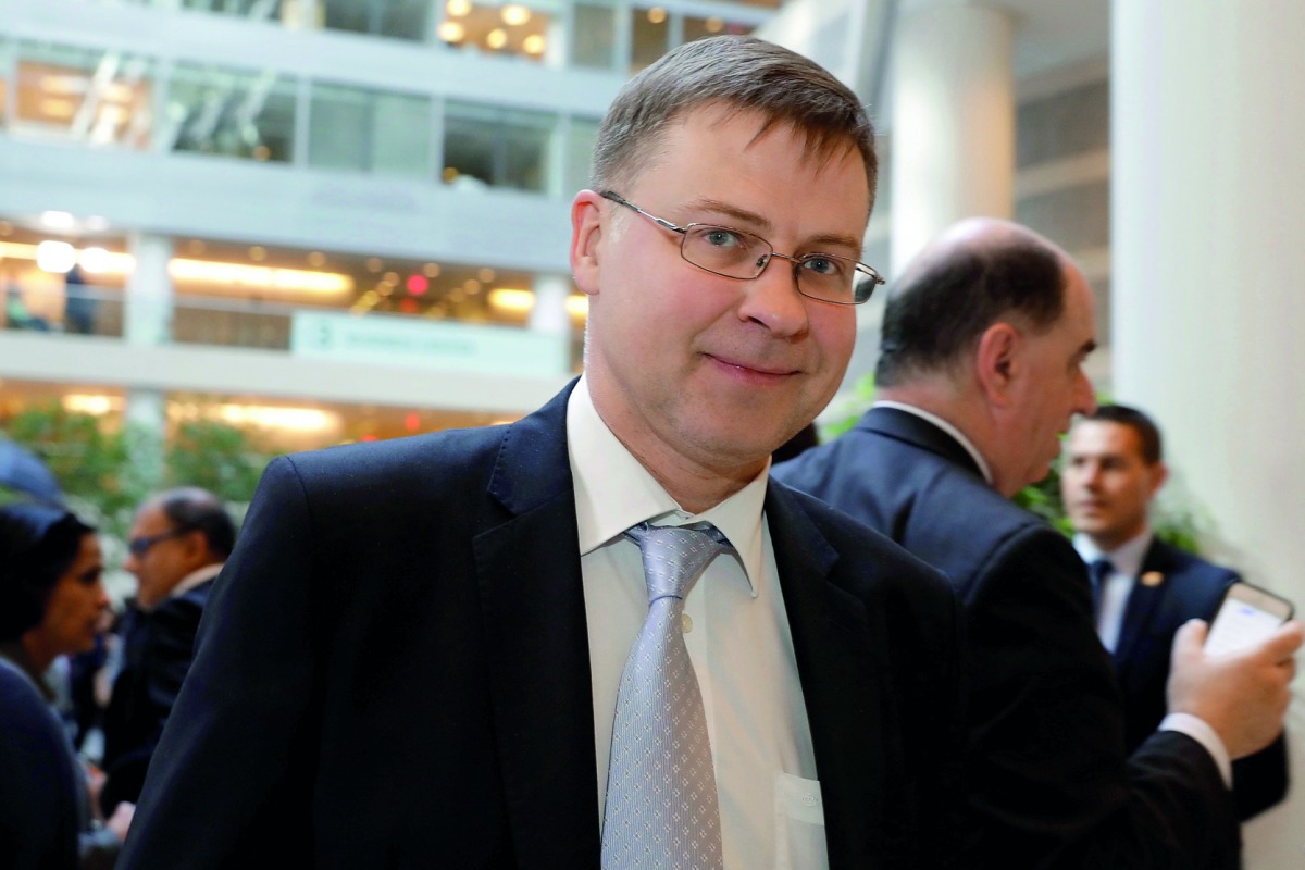 European Commission Vice President Valdis Dombrovskis leaves after IMFC plenary during the IMF/World Bank spring meeting in Washington, U.S., April 20, 2018. Reuters/Yuri Gripas