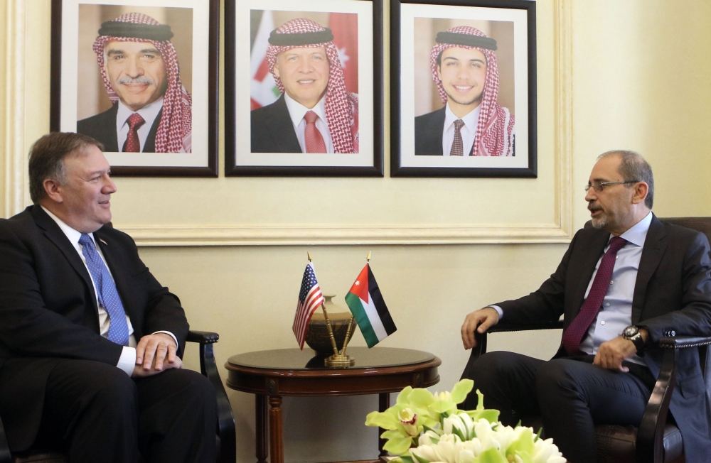 US Secretary of State Mike Pompeo (L) meets with Minister of Foreign Affairs of Jordan Ayman Safadi (R) at Foreign Ministry building during his official visit in Amman, Jordan on April 30, 2018. ( Shadi Nsoor/Anadolu Agency )