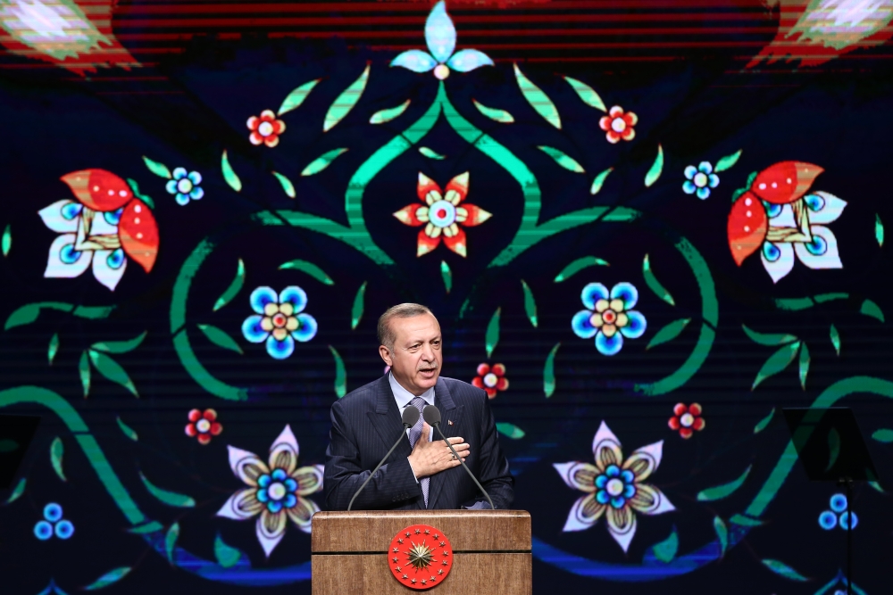 Turkish President Recep Tayyip Erdogan delivers a speech during a mass opening of the Foundation Week and restoration of 250 works completed in seven districts via live stream ceremony at the Bestepe Culture and Convention Center in Ankara, Turkey on May 