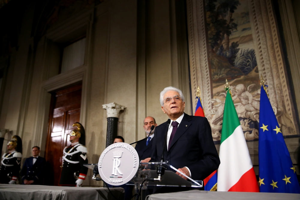 Italian President Sergio Mattarella speaks to media after a meeting with Italy's Prime Minister-designate Giuseppe Conte at the Quirinal Palace in Rome, Italy, May 27, 2018. REUTERS/Alessandro Bianchi?