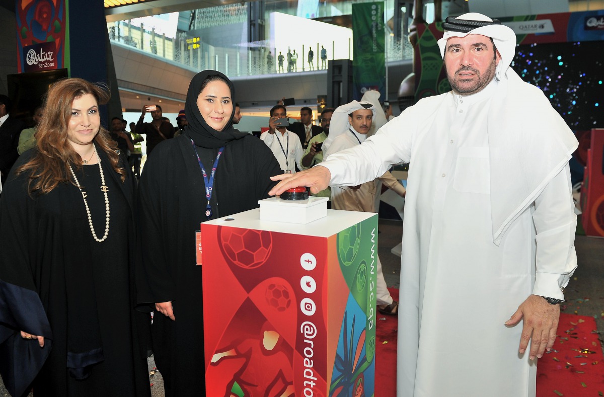 Salam Al Shawa (first left), Senior Vice-President of Marketing and Corporate Communications, Qatar Airways; Fatma Al Nuaimi (second left), Communications Director at the SC;  and Abdulaziz Al Mass, Vice-President of Commercial and Marketing, HIA; during 