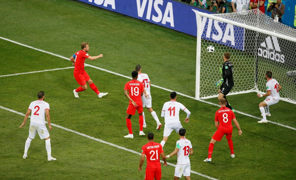 England's Harry Kane scores their second goal REUTERS/Gleb Garanich
