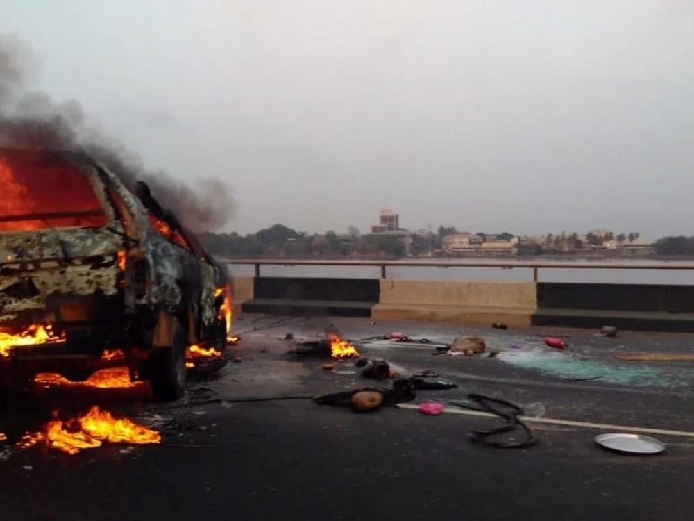 Smoke and flame billow from a burning vehicle after an oil tanker truck caught fire in Nigeria's commercial capital Lagos, Nigeria June 28, 2018. Federal Road Safety Corps/Handout via Reuters