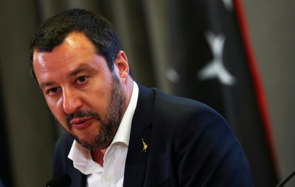 FILE PHOTO: Italian Interior Minister Matteo Salvini talks during a news conference with Libyan Deputy Prime Minister Ahmed Maiteeg in Rome, Italy July 5, 2018. REUTERS/Tony Gentile/File Photo