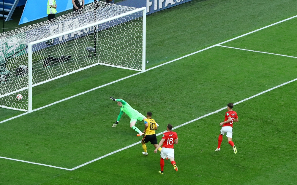 Belgium's Eden Hazard scores their second goal past England's Jordan Pickford. (REUTERS/Michael Dalder)