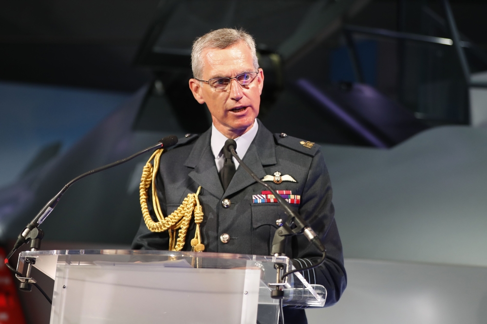 Britain's Chief of the Air Staff, Stephen Hillier speaks during the unveiling of a model of a new fighter jet, a part of Team Tempest, at the Farnborough Airshow, south west of London, on July 16, 2018. AFP / Tolga Akmen