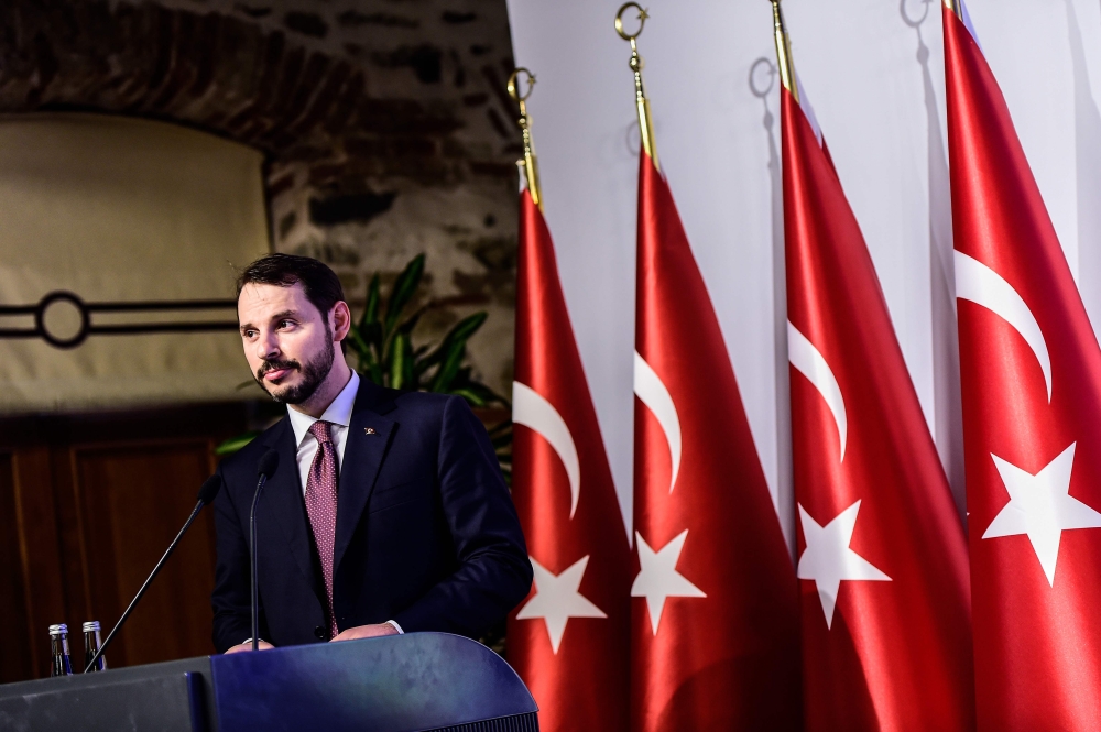 Turkish Treasury and Finance Minister Berat Albayrak speaks during a presentation to announce his economic policy in Istanbul, on August 10, 2018. AFP / Yasin Akgul
 