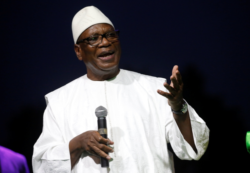 Ibrahim Boubacar Keita, President of Mali and candidate of Rally for Mali party (RPM), speaks during a rally, ahead of the second round of Mali's presidential election, in Bamako, Mali August 10, 2018. REUTERS/Luc Gnago 