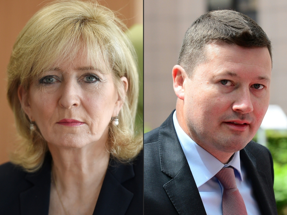 (COMBO) This combination of file pictures created on September 04, 2018 shows (L) European Ombudsman Emily O’Reilly from Ireland posing for a photograph in her office on April 19, 2018 in Strasbourg, eastern France and (R) European Commission President Je