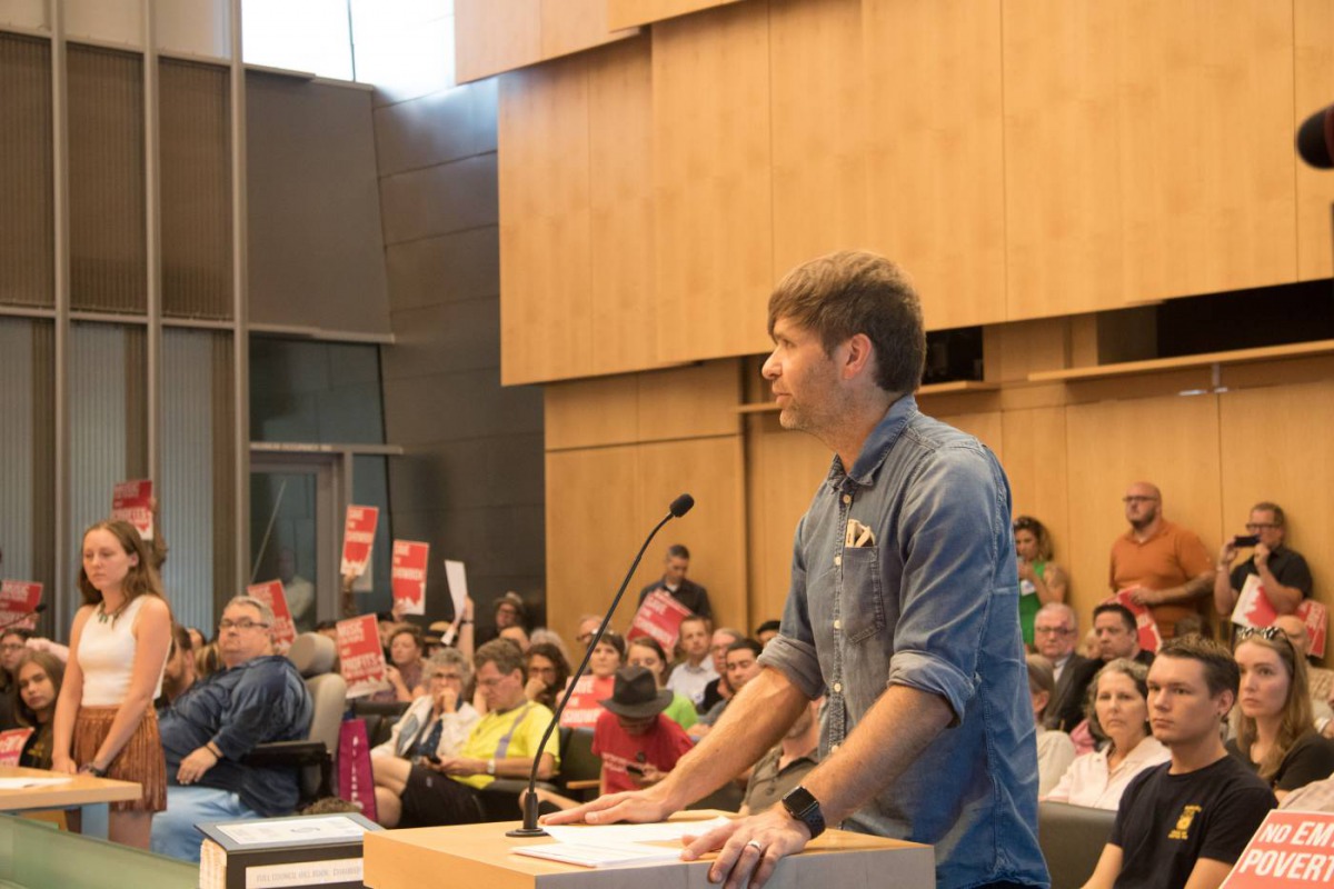 Death Cab for Cutie lead singer Ben Gibbard addresses the Seattle City Council, United States, August 6, 2018. Photo Credit: Seattle City Council
