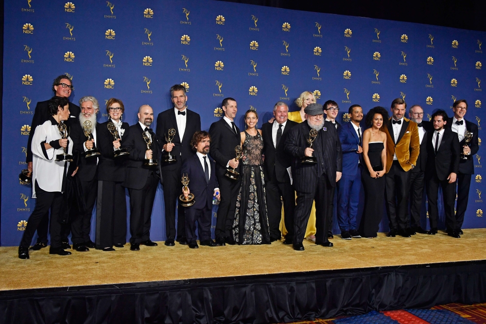Cast and crew of Outstanding Drama Series winner 'Game of Thrones' pose in the press room during the 70th Emmy Awards at Microsoft Theater on September 17, 2018 in Los Angeles, California. Frazer Harrison/Getty Images/AFP