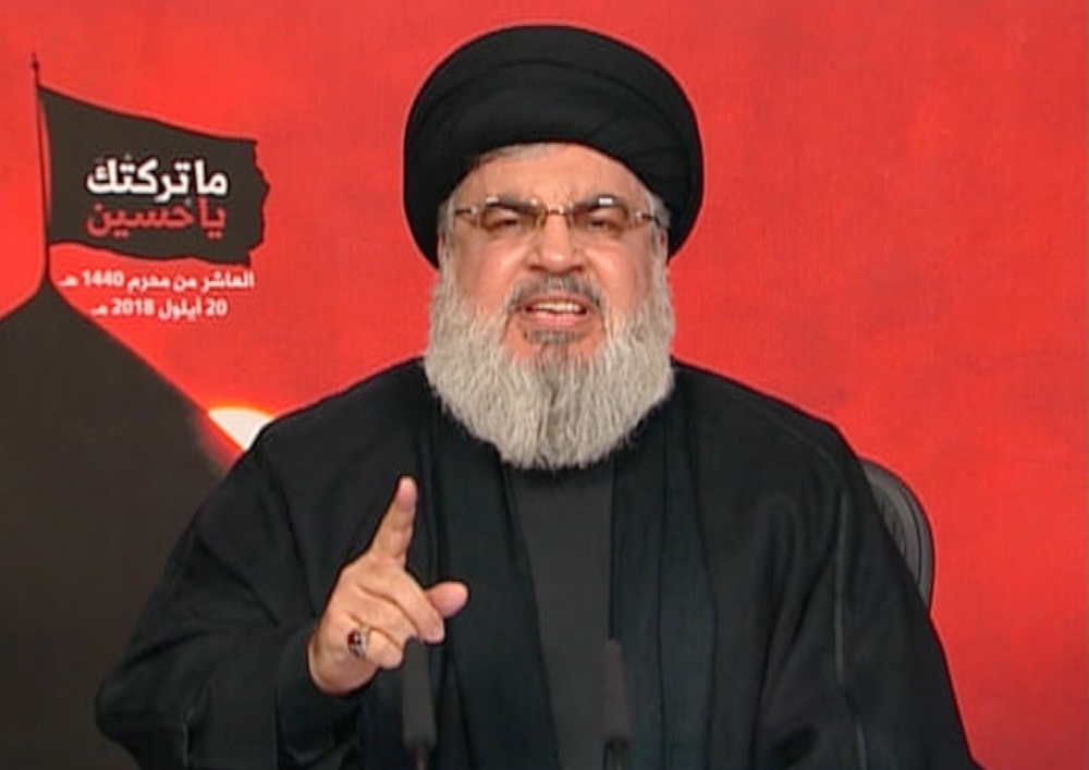 An image grab taken from Hezbollah's al-Manar TV on September 20, 2018 shows Hassan Nasrallah, the head of Lebanon's militant Shiite movement Hezbollah. AFP / AL-MANAR TV