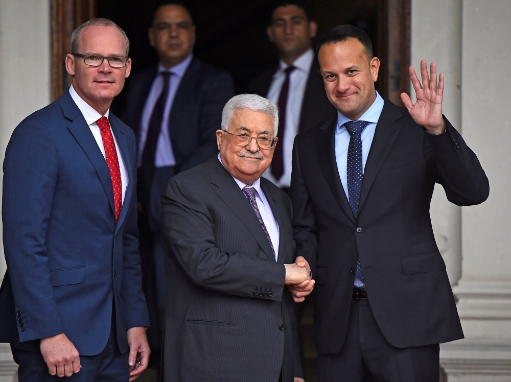 Ireland's Taoiseach Leo Varadkar, together with Minister for Foreign Affairs and Trade Simon Coveney, greets Palestinian President Mahmoud Abbas at Farmleigh, the official Irish State guest house, in Dublin, Ireland, September 22, 2018. Reuters/Clodagh Ki