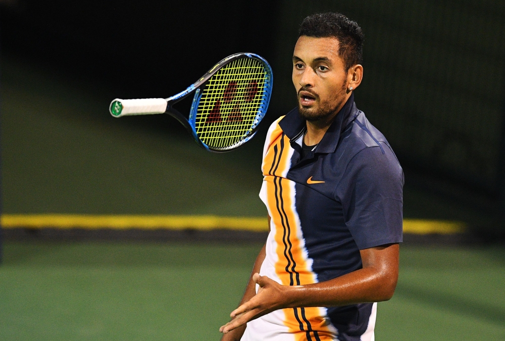 Nick Kyrgios of Australia reacts after a point against Bradley Klahn of the US during their men's single round of 64 match at the Shanghai Masters tennis tournament on October 8, 2018. / AFP / Johannes EISELE
