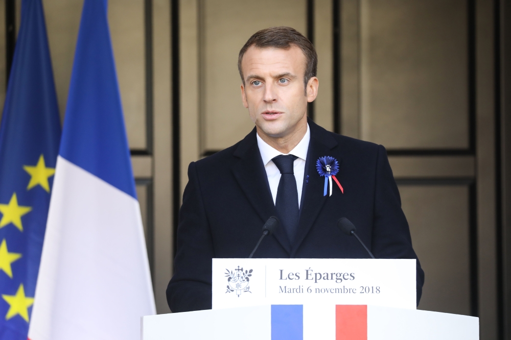 French president Emmanuel Macron delivers a speech during a ceremony for French writer and former soldier Maurice Genevoix (1890-1980), secretary of the Academie Francaise, in Les Eparges, eastern France, on November 6, 2018, as part of celebrations marki
