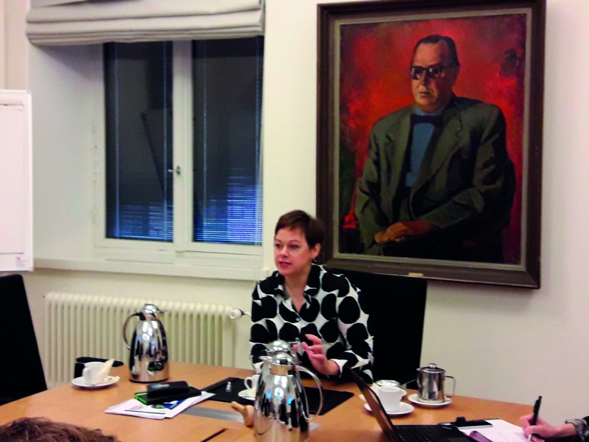 Paula Lehtomaki speaking to a group of journalists  from 16 nations who were on a media tour recently at Prime Minister's office at Helsinki.