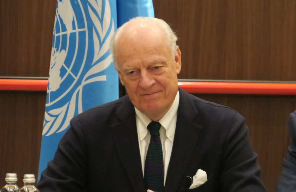 UN Secretary-General's Special Envoy to Syria, Staffan de Mistura makes a speech during meeting between the representatives of Russia, Turkey, Iran and Syria’s Bashar al-Assad regime within 11th round of Syria peace talks starts in Astana, Kazakhstan on N