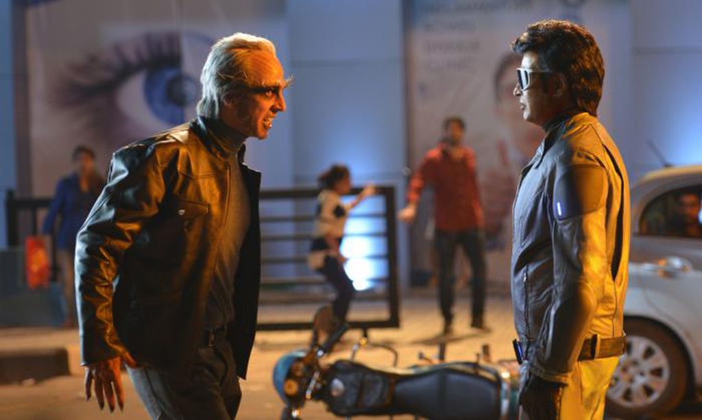 A still of the actors Rajinikanth and Akshay Kumar (L) from the movie 2.0.