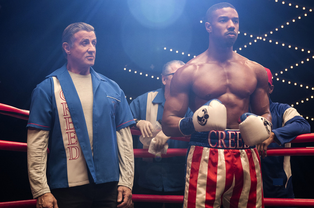 A still of the actors Michel B. Jordan (R) and Sylvester Stallone from the movie Creed II.