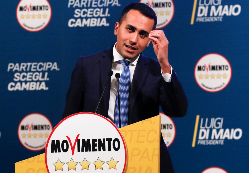 5-Star Movement leader Luigi Di Maio speaks during an electoral rally in Caserta, Italy, February 23, 2018. Reuters/Ciro De Luca