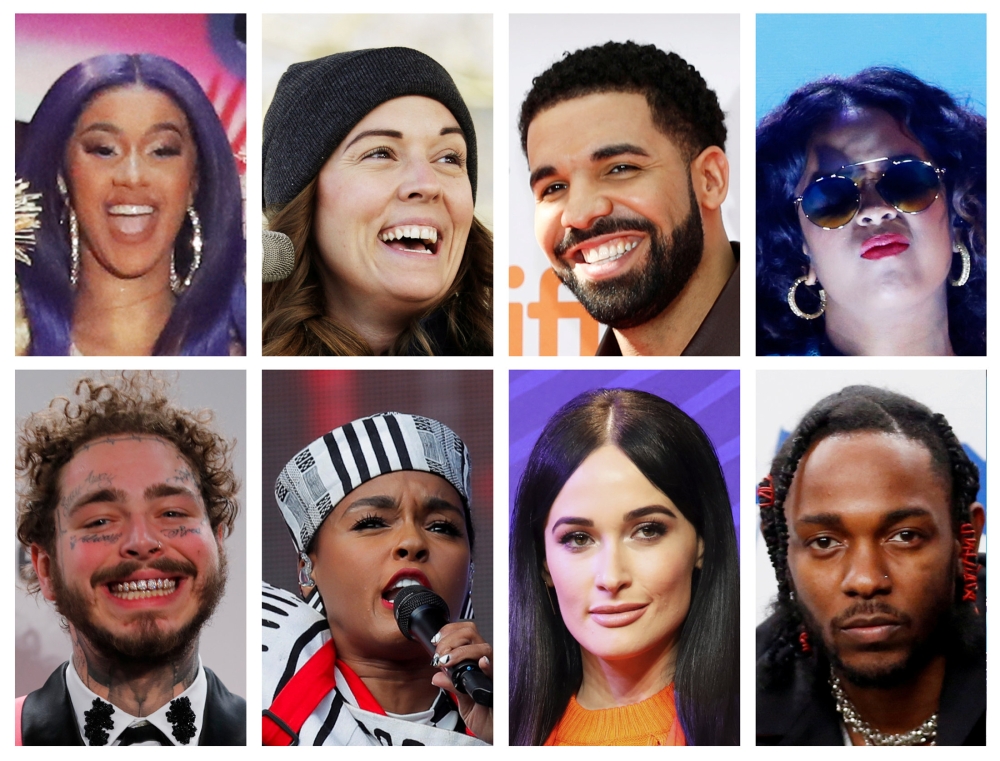 Grammy Award nominations in Album of the Year category includes artists in this combination photo; (Top L-R) Cardi B, Brandi Carlile, Drake and H.E.R., (Bottom L-R) Post Malone, Janelle Monae, Kacey Musgraves and Kendrick Lamar, in Reuters file photos. 
