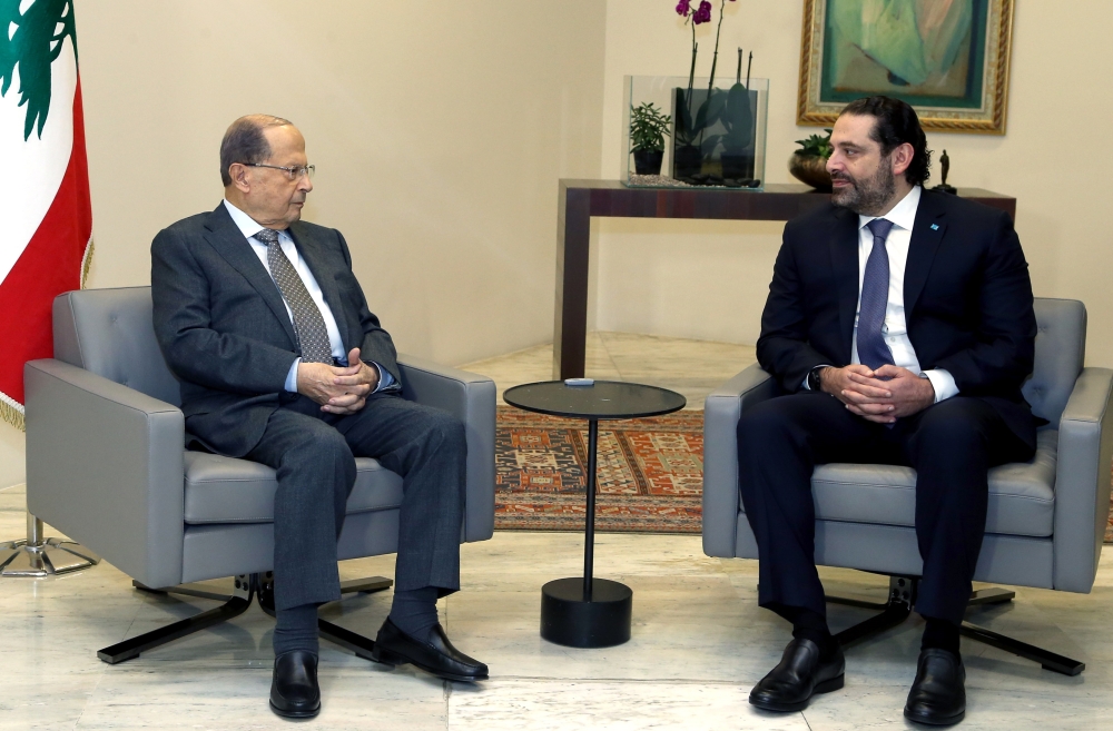 Lebanese President Michel Aoun (L) and Prime Minister of Lebanon, Saad Hariri (R) hold a meeting on forming a new government at Baabda Palace in Beirut, Lebanon on December 10, 2018.