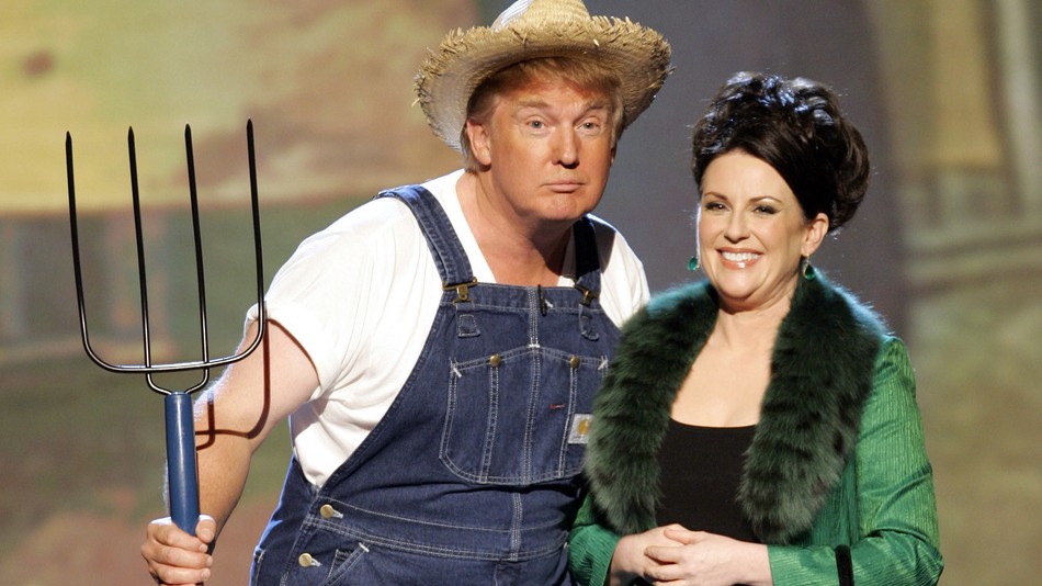 The 13-year-old video from an Emmy Awards broadcast shows the New York born-and-bred, cow-country adverse real estate billionaire dressed as a farmer in denim overalls and a straw hat, wielding a pitchfork while singing the theme song from the popular 196