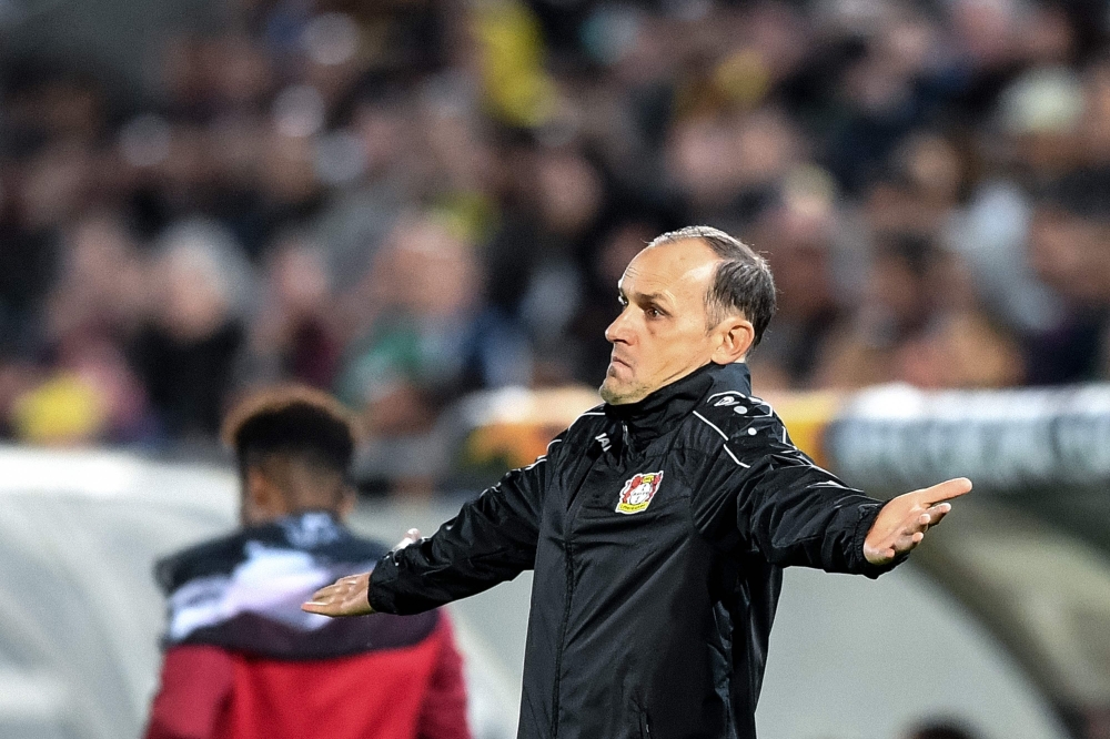 FILE PHOTO: Leverkusen's German head coach Heiko Herrlich. AFP / Dimitar DILKOFF