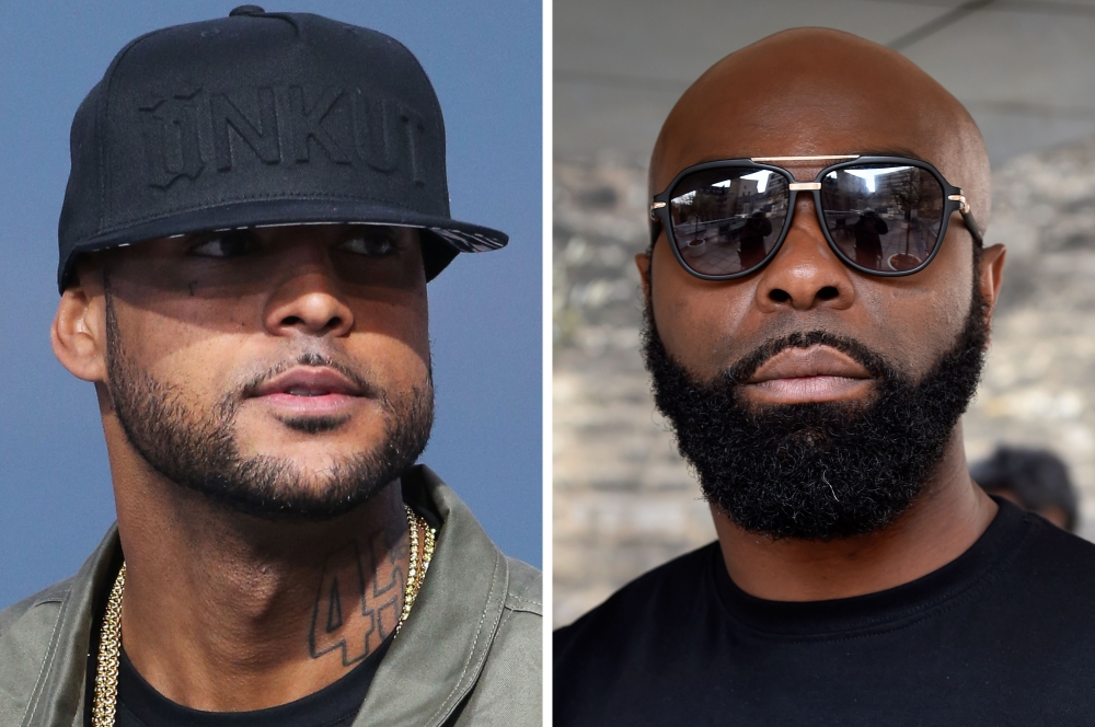 (COMBO) This combination of file pictures made on August 1, 2018, shows French rapper Booba (L) on May 19, 2014, in Cannes, southern France, and French rapper Kaaris (R) on March 25, 2015, in Paris. AFP / Dominique Faget and Loïc Venance 
