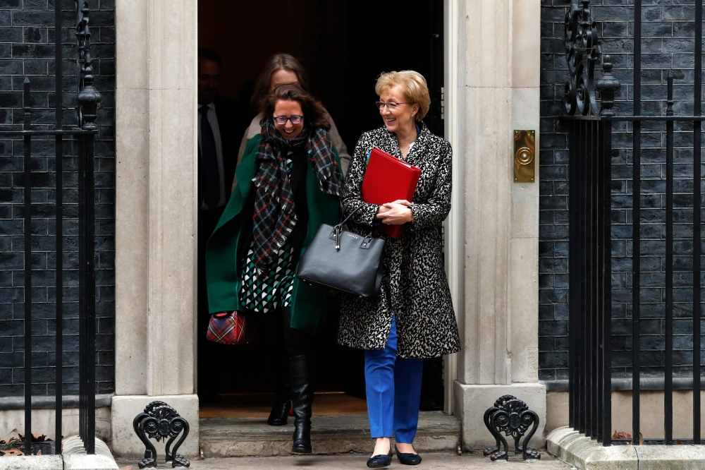 Britain's Leader of the House of Commons Andrea Leadsom (R) leaves after the weekly cabinet meeting at 10 Downing Street in London on January 15, 2019. AFP / Adrian DENNIS