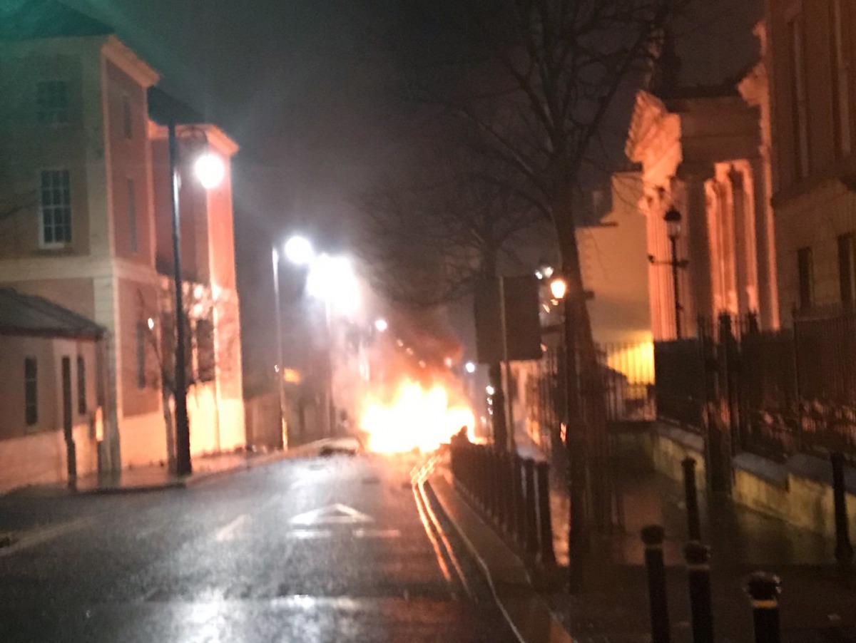 A handout picture taken and released by the Police Service of Northern Ireland on January 19, 2019, shows a burning car following a suspected car bomb in Londonderry, Northern Ireland . AFP PHOTO /POLICE SERVICE OF NORTHERN IRELAND