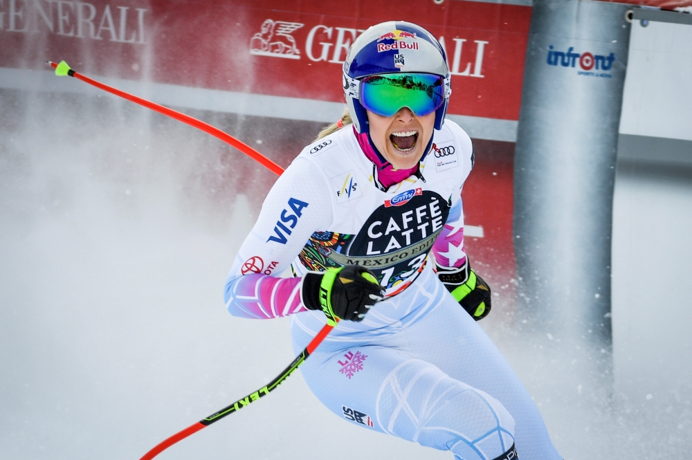 Lindsey Vonn of the U.S. celebrates after winning the FIS World Cup Women's Downhill final race. Anders Wiklund