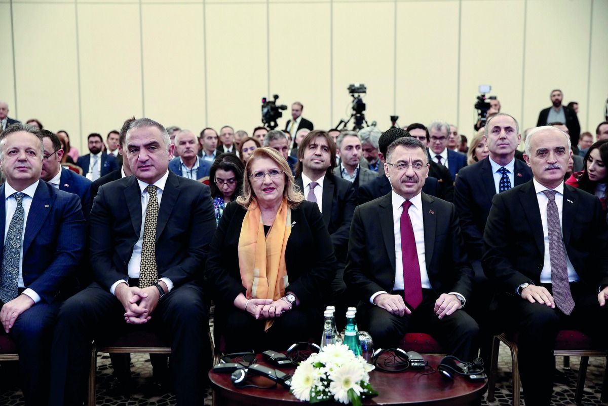 Turkish Vice President Fuat Oktay (right 2), Maltese President Marie Louise Coleiro Preca (C), Head of the Foreign Economic Relations Board of Turkey (DEIK), Nail Olpak (R) and Turkish Culture and Tourism Minister Mehmet Nuri Ersoy (left 2) attend Turkey-