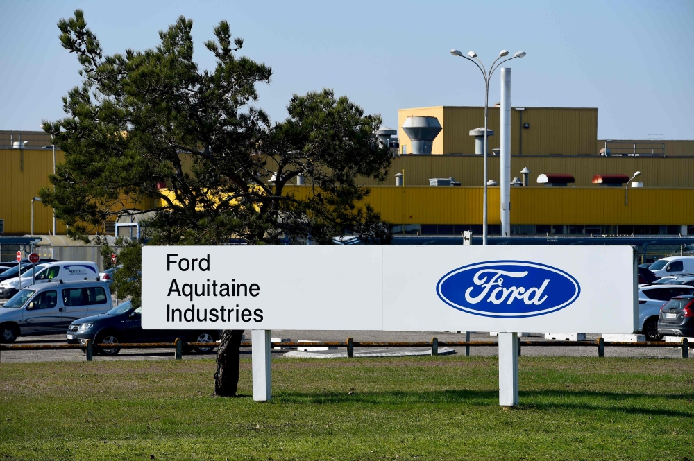 This file photo taken on February 27, 2018 shows a general view of the entrance to US car maker Ford Aquitaine Industries plant in Blanquefort near Bordeaux, southwestern France as directors of Ford Europe meet with work's council members and unions prote