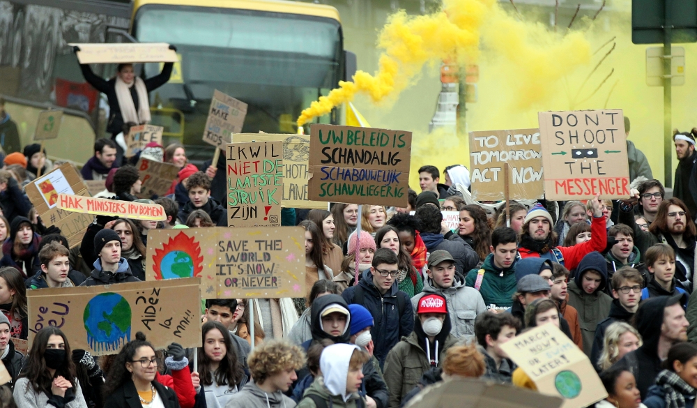 High school and university students stage a protest against the climate policies of the Belgian government in front of the North Railway Station in Brussels, Belgium on January 31, 2019. Dursun Aydemir - Anadolu 