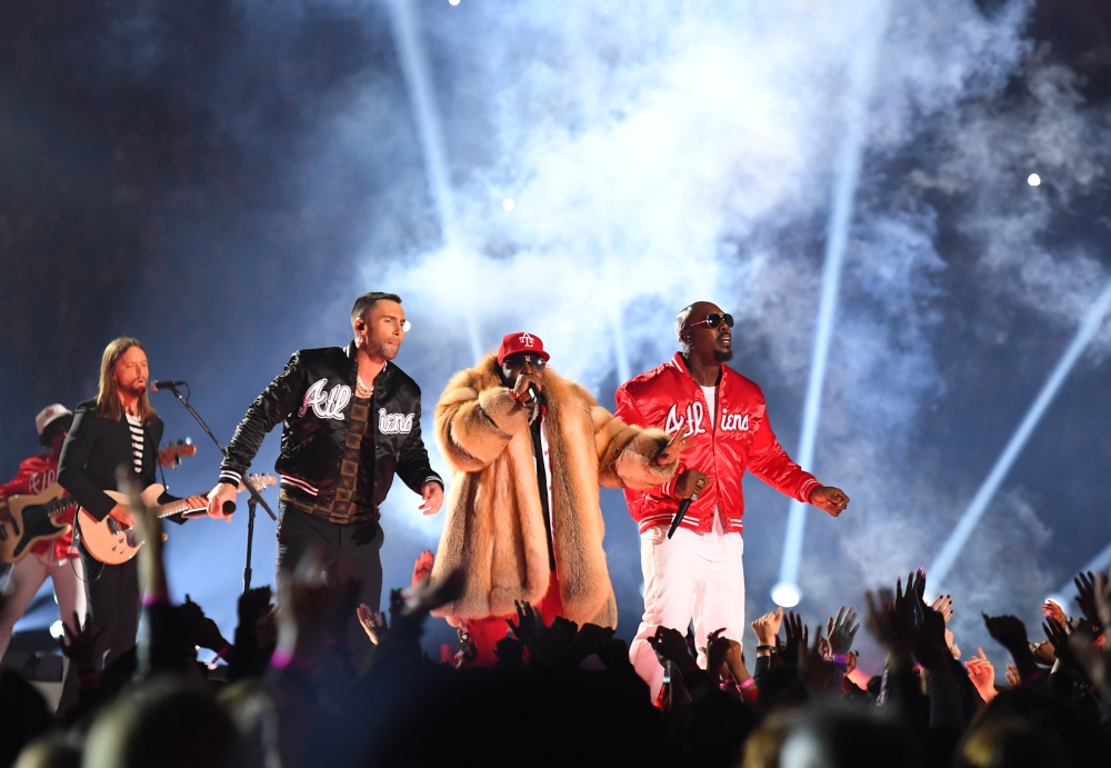 Maroon 5 lead singer Adam Levine and recording artist Big Boi perform during the halftime show in Super Bowl LIII at Mercedes-Benz Stadium. Christopher Hanewinckel-USA TODAY Sports