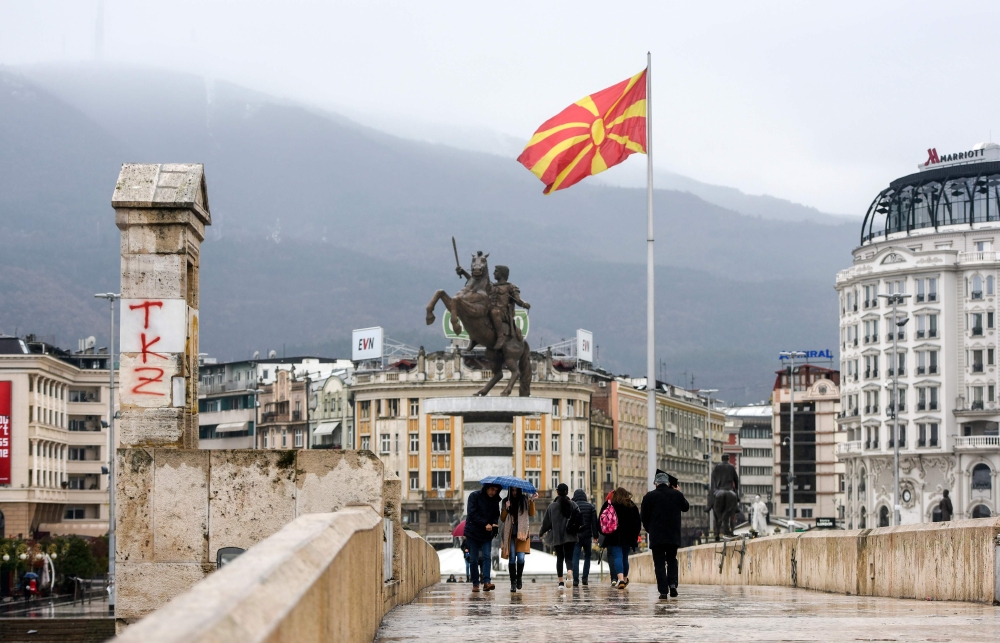 A general view shows Skopje's main square, Macedonia, on February 6, 2019.  AFP / Robert ATANASOVSKI