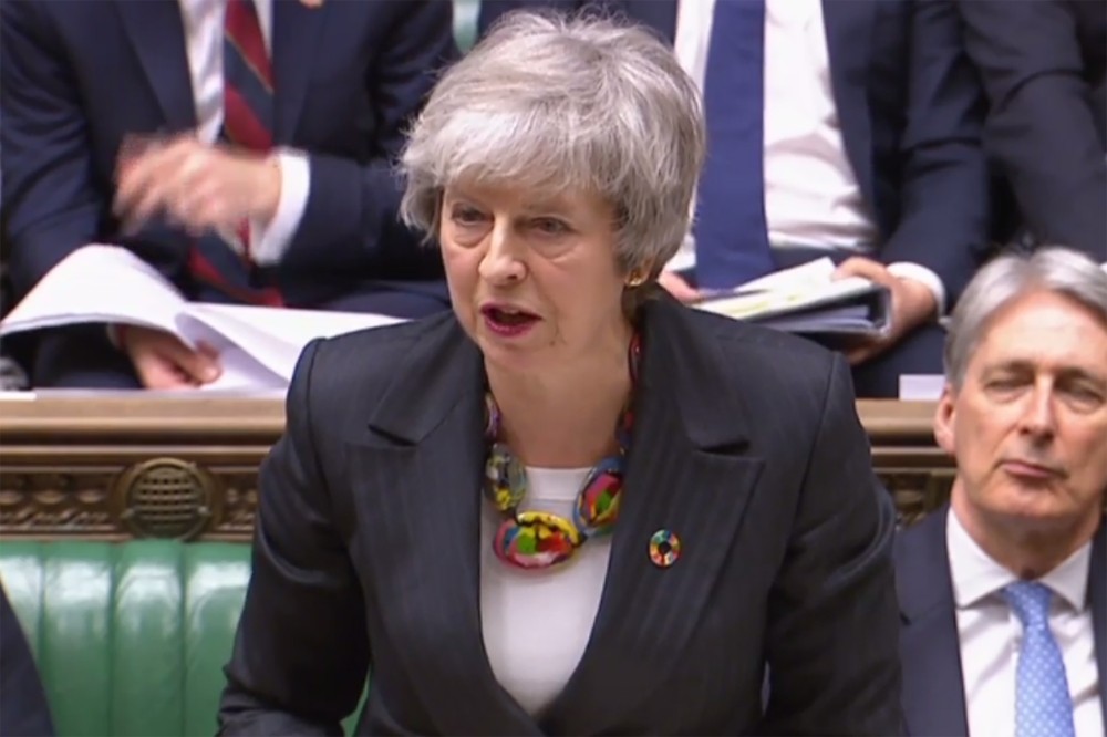 A video grab from footage broadcast by the UK Parliament's Parliamentary Recording Unit (PRU) shows Britain's Prime Minister Theresa May making a statement on Brexit in the House of Commons in London on February 12, 2019. AFP PHOTO / PRU 