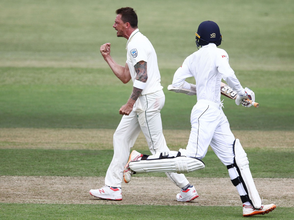 South Africa's Dale Steyn celebrates the wicket of Sri Lanka's Oshada Fernando during day 2 of the first test match between South Africa and Sri Lanka held at the Kingsmead Stadium in Durban, on February 14, 2019. AFP / Anesh Debiky
