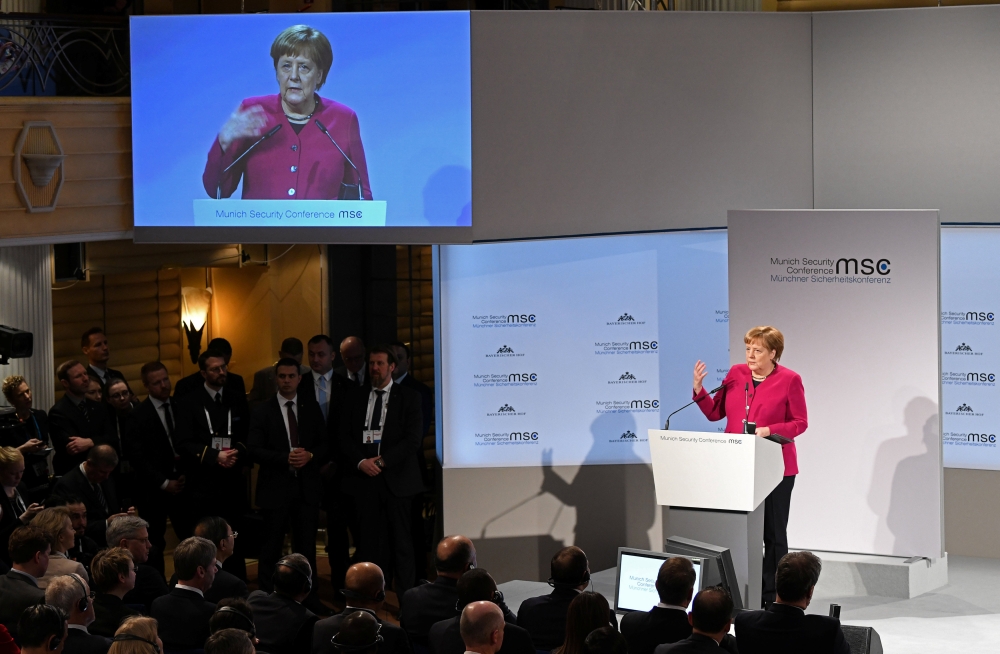 German Chancellor Angela Merkel speaks during Munich Security Conference in Munich, Germany February 16, 2019. REUTERS/Andreas Gebert
 