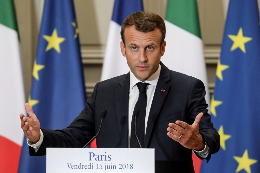 File photo of French President Emmanuel Macron attends a joint news conferenece with Italian Prime Minister Giuseppe Conte (not pictured) at the Elysee Palace in Paris, France, June 15, 2018. Ludovic Marin/Pool via Reuters//File Photo