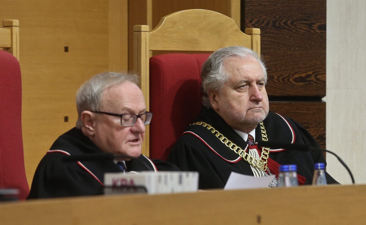 FILE PHOTO: Constitutional Tribunal TK Chairman judge Andrzej Rzeplinski (R) with judge Stanislaw Rymar (L) announces the verdict during the Constitutional Tribunal hearing in Warsaw, Poland, 09, March 2016. EPA