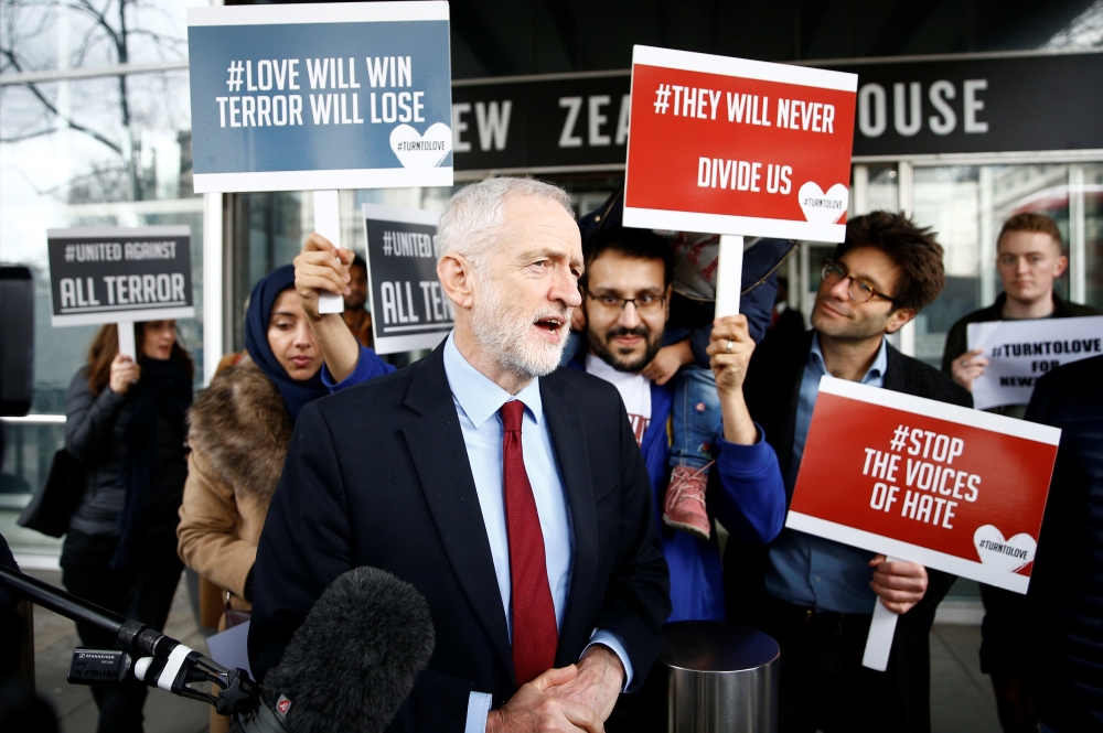 Britain's opposition Labour Party leader Jeremy Corbyn speaks to the media outside New Zealand House, following Christchurch mosque attack in New Zealand, in London, Britain March 15, 2019. Reuters/Henry Nicholls
