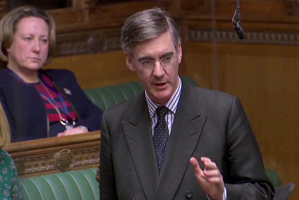FILE PHOTO: British Conservative Party Member of Parliament Jacob Rees-Mogg speaks in Parliament in London, Britain, March 12, 2019, in this screen grab taken from video. Reuters TV via REUTERS/File Photo