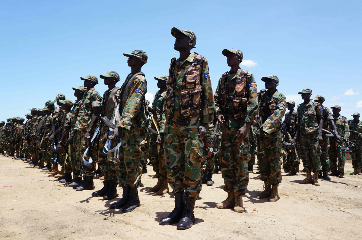 South Sudan government soldiers parade in a camp in Juba on April 21, 2016. AFP/Peter Martell