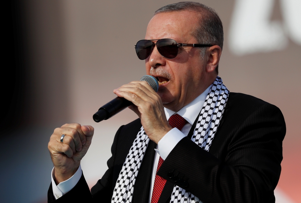 FILE PHOTO: Erdogan delivers a speech during a protest against the killings of Palestinian protesters on the Gaza-Israel border and the US embassy move to Jerusalem in Istanbul May 18, 2018. Reuters/Murad Sezer