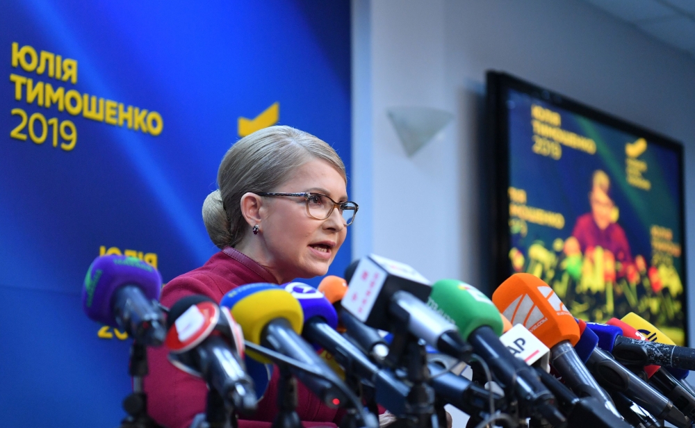 Ex-prime minister Yuliya Tymoshenko speaks during her press-conference in Kiev on April 2. 2019. AFP / Sergei SUPINSKY