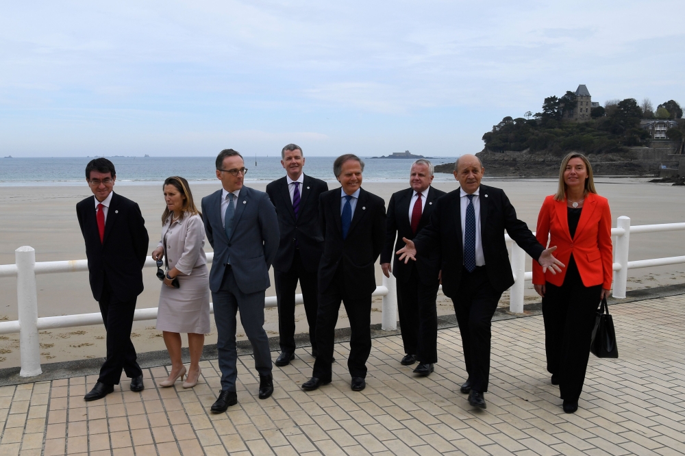 (From L) Japan's Foreign Minister Taro Kono, Canada's Foreign Minister Chrystia Freeland, Germany's Foreign Minister Heiko Maas, Britain's political director Richard Moore, Italy's Foreign Minister Enzo Moavero Milanesi, US Deputy Secretary of State John 